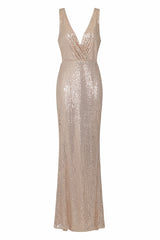 The One Rose Gold Sequin Plunge Backless Maxi Dress