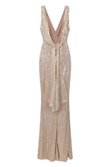 The One Rose Gold Sequin Plunge Backless Maxi Dress