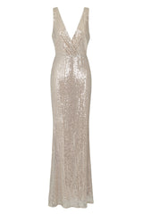 The One Silver Sequin Plunge Backless Maxi Dress