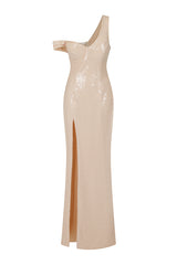 Marilyn Champagne Sequin Off The Shoulder Maxi Slit Dress