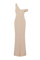 Marilyn Champagne Sequin Off The Shoulder Maxi Slit Dress