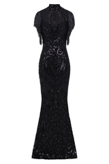 Magic Vip Black Luxe Tassel Fringe Sequin Embellished Illusion Maxi Dress