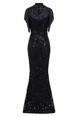 Magic Vip Black Luxe Tassel Fringe Sequin Embellished Illusion Maxi Dress