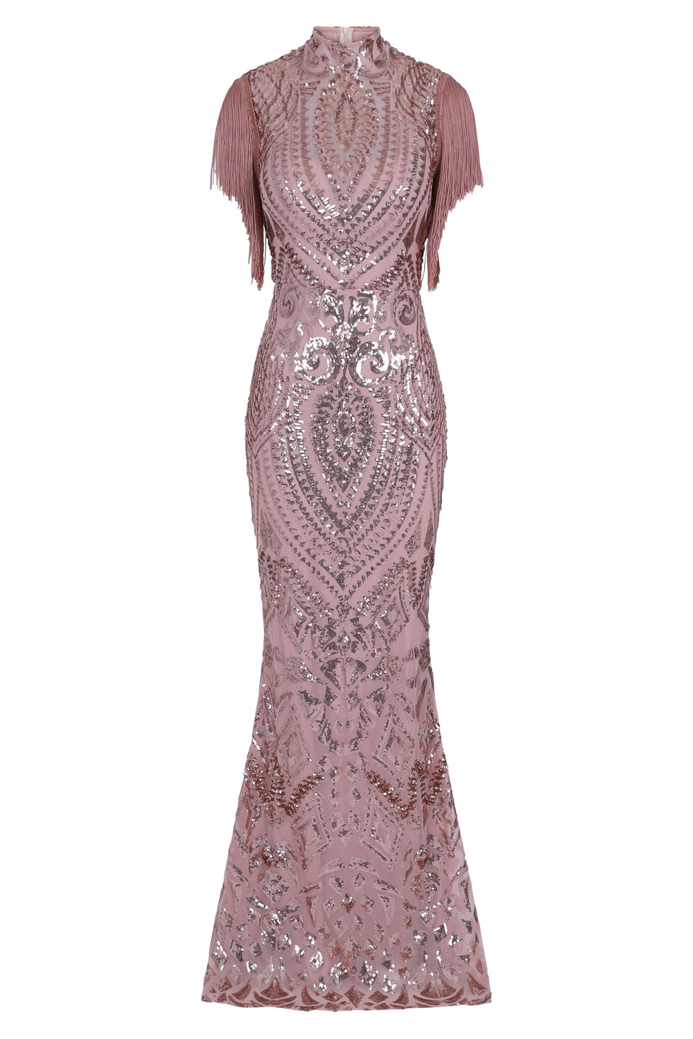 Magic Vip Rose Gold Luxe Tassel Fringe Sequin Embellished Illusion Maxi Dress