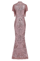 Magic Vip Rose Gold Luxe Tassel Fringe Sequin Embellished Illusion Maxi Dress