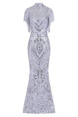 Magic Vip Silver Luxe Tassel Fringe Sequin Embellished Illusion Maxi Dress