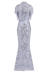 Magic Vip Silver Luxe Tassel Fringe Sequin Embellished Illusion Maxi Dress
