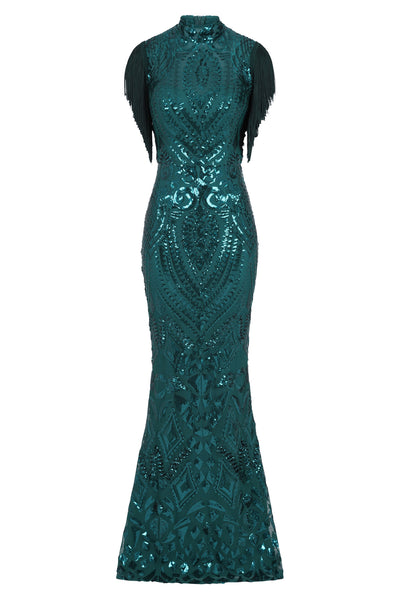 Magic Vip Green Luxe Tassel Fringe Sequin Embellished Illusion Maxi Dr Nazz Collection