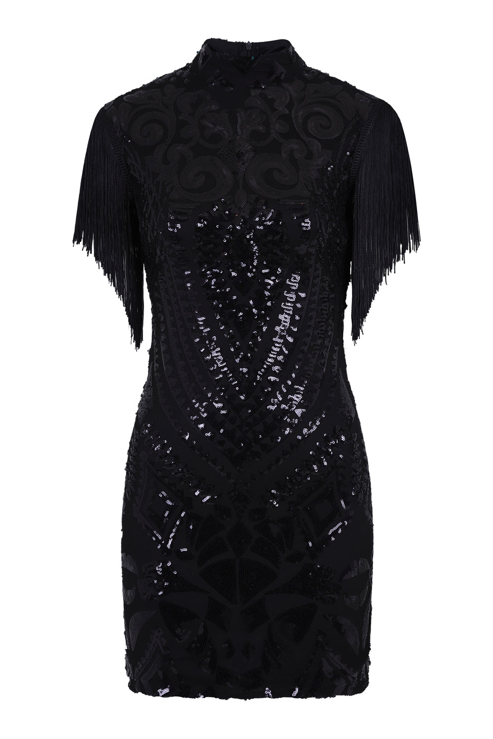 Kylie Vip Black Luxe Tassel Fringe Sequin Embellished Illusion Dress