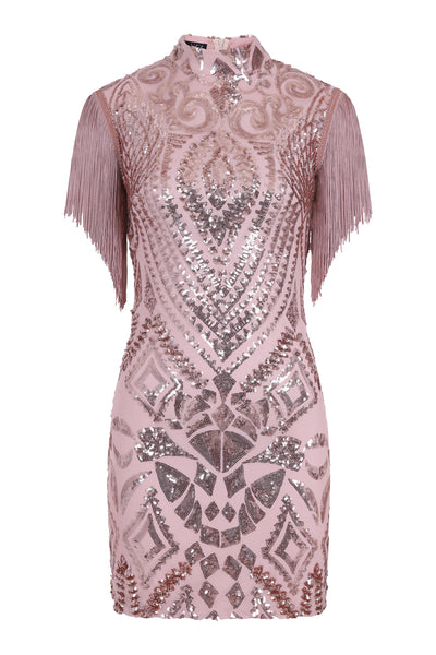 Kylie Vip Rose Gold Luxe Tassel Fringe Sequin Embellished Illusion Dre –  Nazz Collection