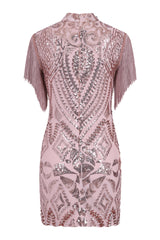 Kylie Vip Rose Gold Luxe Tassel Fringe Sequin Embellished Illusion Dress