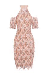 Treasure Rose Gold Sequin Tassel Fringe Cold Shoulder Midi Pencil Dress