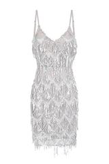 Shake It Silver Ombre Sequin Tassel Fringe Backless Dress
