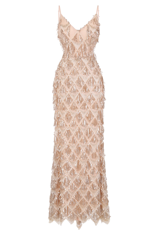 Serenity Gold Nude Ombre Sequin Tassel Fringe Backless Mermaid Dress