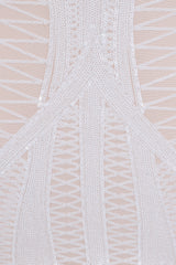 Hilton Luxe White Nude Cage Sequin Bandage Illusion Dress