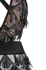 Holly Glam Black Ombre Sequin Tassel Fringe Sheer Dress