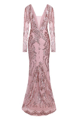 Annabella Rose Gold V Back Floral Plunge Sequin Fishtail Dress