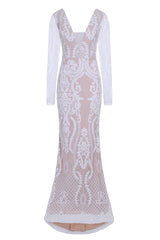 Annabella White Nude V Back Floral Plunge Sequin Fishtail Dress