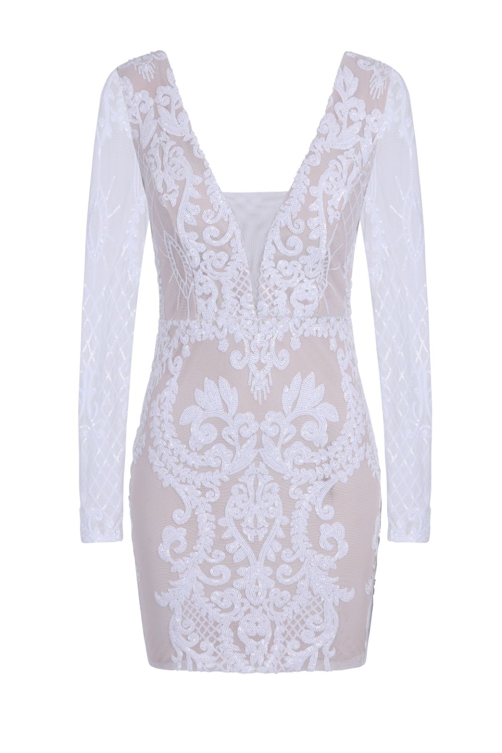Secrets White Long Sleeve V Back Floral Mesh Plunge Sequin Dress