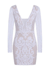 Secrets White Long Sleeve V Back Floral Mesh Plunge Sequin Dress