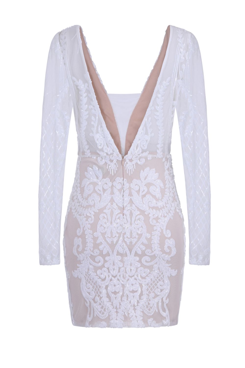 Secrets White Long Sleeve V Back Floral Mesh Plunge Sequin Dress