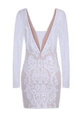 Secrets White Long Sleeve V Back Floral Mesh Plunge Sequin Dress