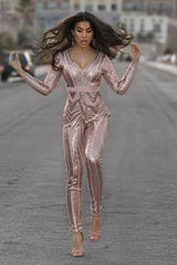 Tease Me Vip Rose Gold Nude Plunge Illusion Sequin Embellished Jumpsuit