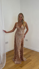 Pure Desire Rose Gold Plunge Floral Sequin Double Thigh Slit Maxi Dress