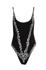 Miami Black Crystal Encrusted Swimsuit Bodysuit