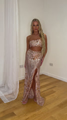 Shakirah Rose Gold Luxe Bandeau Sequin Embellished Two-Piece Maxi Slit Dress