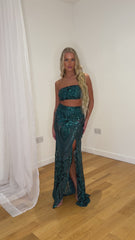 Shakirah Emerald Green Luxe Bandeau Sequin Embellished Two-Piece Maxi Slit Dress