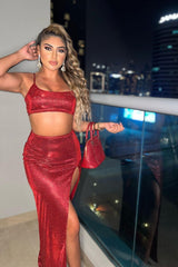 Cuba Red Metallic Glitter Crop Top Thigh Slit Skirt Two Piece Co ord Set