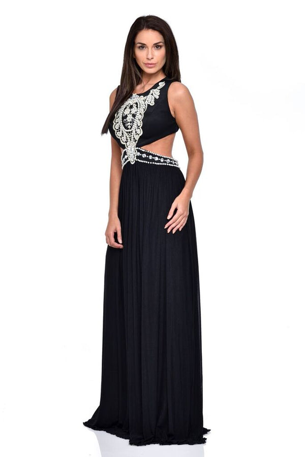 Laila Black Cut-Out Waist Pearl Encrusted Grecian Goddess Maxi Dress