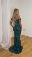 Layali Green Bardot Sweetheart Sequin Embellished Maxi Fishtail Dress