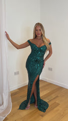 Angelika Green Luxe Sequin Embellished Off The Shoulder Maxi Slit Dress