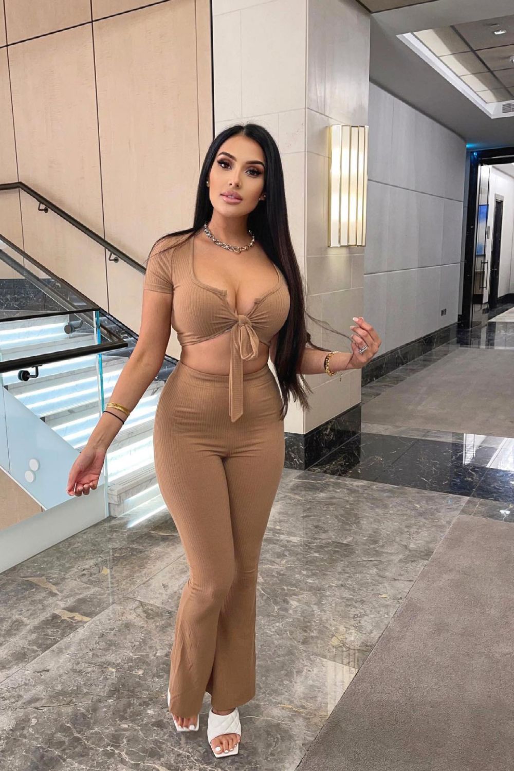 Never Endin' Sand Ribbed Two Piece Tie Front Top High Rise Flare Wide Trousers Co-ord Set