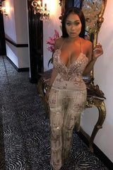 Peru Rose Gold Nude Plunge Floral Sequin Fringe Jumpsuit