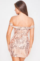Alexiya Rose Gold Bardot Sweetheart Sequin Embellished Illusion Dress