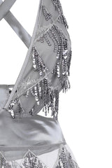 Holly Glam Silver Grey Ombre Sequin Tassel Fringe Sheer Dress