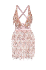 Holly Glam Rose Gold Ombre Sequin Tassel Fringe Sheer Dress