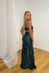 Shakirah Emerald Green Luxe Bandeau Sequin Embellished Two-Piece Maxi Slit Dress