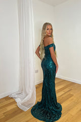 Layali Green Bardot Sweetheart Sequin Embellished Maxi Fishtail Dress