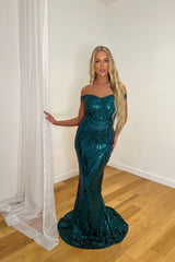 Layali Green Bardot Sweetheart Sequin Embellished Maxi Fishtail Dress