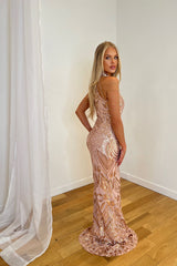 Starstruck Rose Gold High Neck Luxe Beaded Shoulder Fringe Sequin Embellished Illusion Maxi Dress