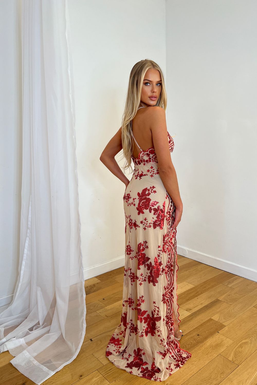 Pure Desire Red Plunge Floral Sequin Double Thigh Slit Maxi Dress