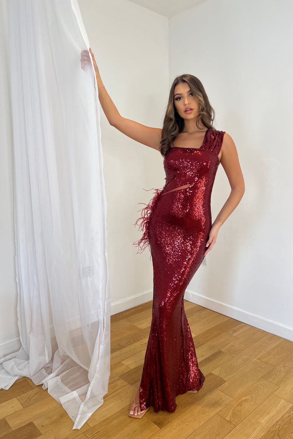 Fame Berry Luxe Feather One Shoulder Sequin Illusion Slit Maxi Dress