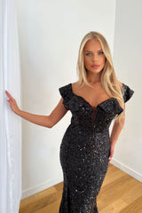 Eclipse Black Luxe Ruffle Plunge Shimmering Sequin Embellished Off The Shoulder Bardot Maxi Slit Dress