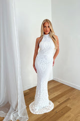 Starstruck White High Neck Luxe Beaded Shoulder Fringe Sequin Embellished Illusion Maxi Dress