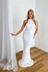 Starstruck White High Neck Luxe Beaded Shoulder Fringe Sequin Embellished Illusion Maxi Dress