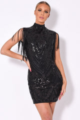 Kylie Vip Black Luxe Tassel Fringe Sequin Embellished Illusion Dress